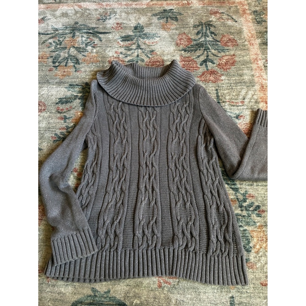 Christopher & Banks Sweater Womens M Gray Metallic Cable Knit Cowl Neck Classic